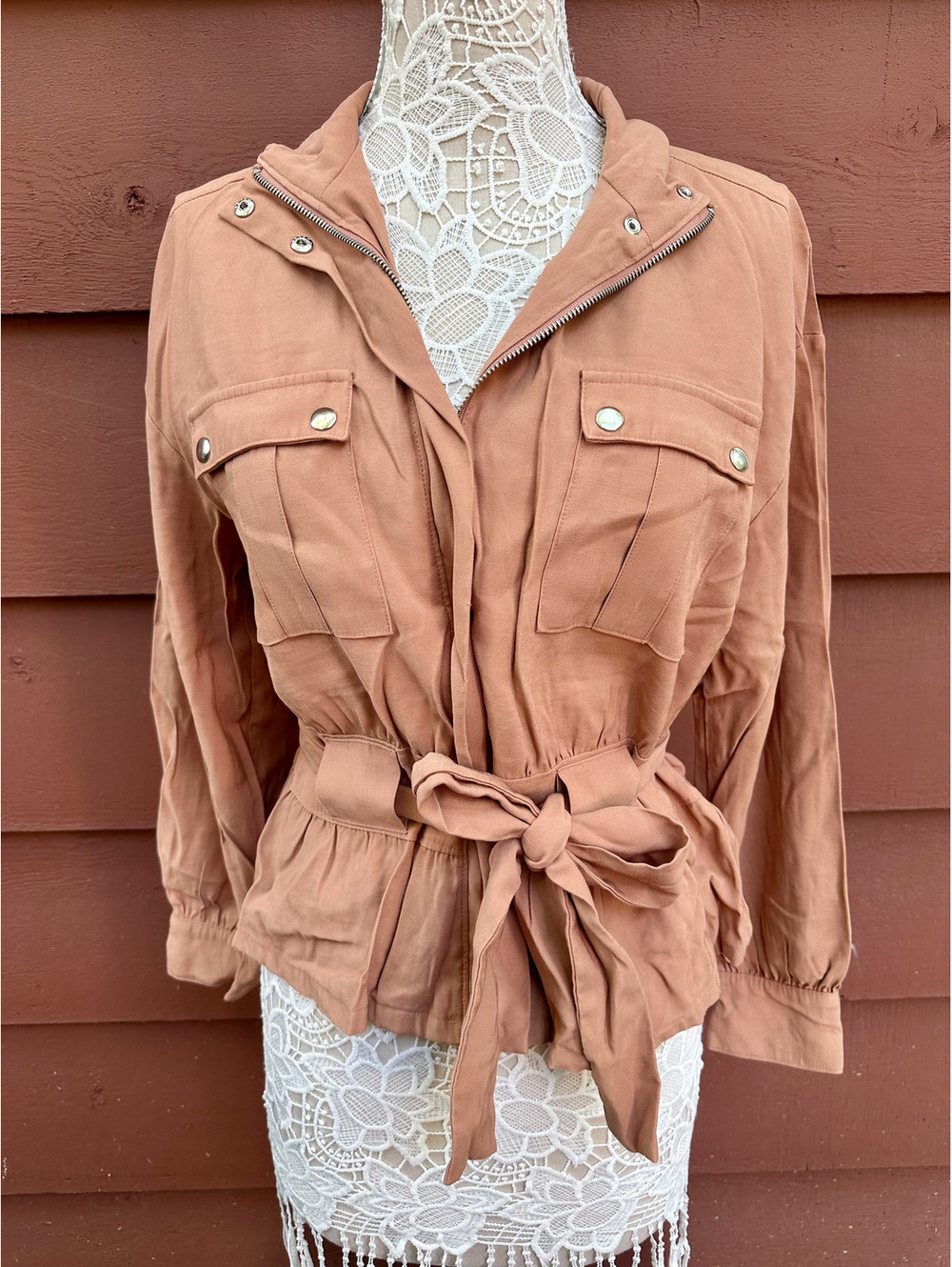 Nine West Belted Utility Military Shacket Pink Orange Bohemian Casual Preppy